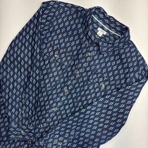 LL Bean Womens Indigo Blue Ikat Geometric Cotton Button Down Shirt M 515197